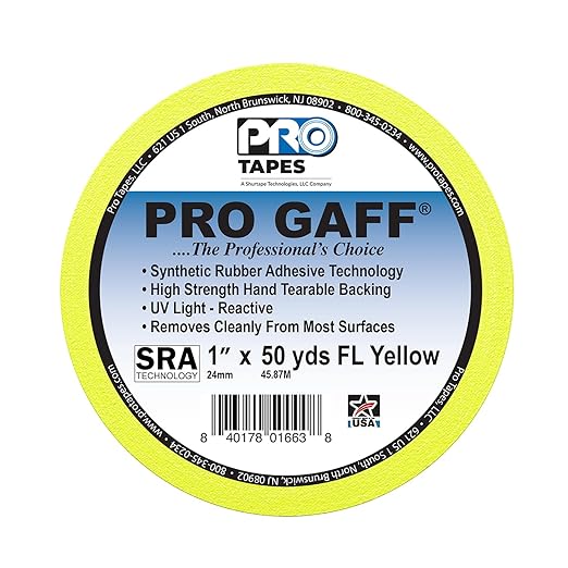 1" Width ProTapes Pro Gaff Premium Matte Cloth Gaffer's Tape With Rubber Adhesive, 50 yds Length x, Fluorescent Yellow (Pack of 1)