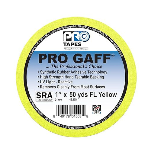 1" Width ProTapes Pro Gaff Premium Matte Cloth Gaffer's Tape With Rubber Adhesive, 50 yds Length x, Fluorescent Yellow (Pack of 1)