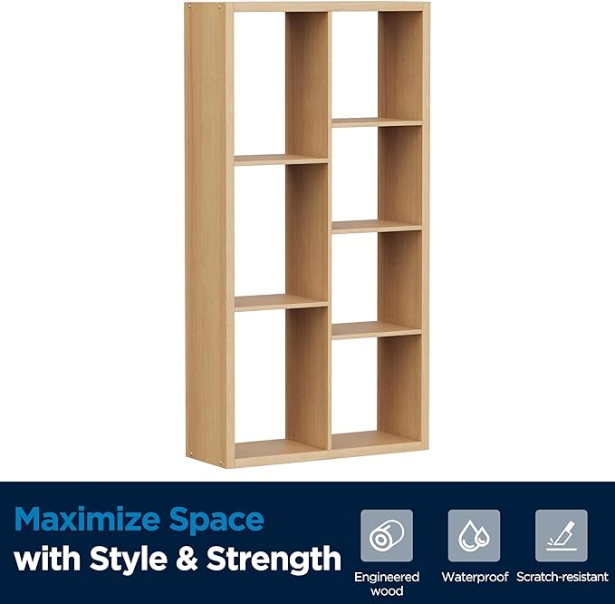 Jpiziso 7 Cube Storage Organizer, Cube Shelf with Heavy-Duty Thick Boards, 25.12" L x 9.37" W x 48.74" H, Smooth Easy-Clean Panels, Simple Assembly, for Living Room Bedroom Office, Natural-Oak