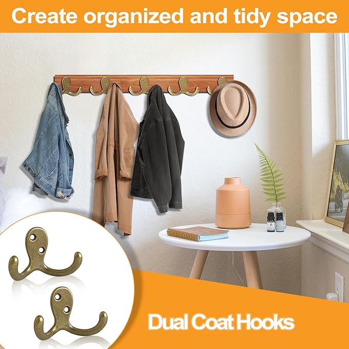 CBWLWJ 15 Pack Coat Hooks Wall Hooks for Hanging, Heavy Duty Double Prong Metal Hook Wall Mounted for Living Room, Bathroom, Kitchen, Bedroom for Coat, Bag, Scarf, Towel, Hat, Key, Cup (Bronze)