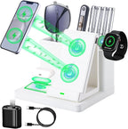 LADSTAG Leather Desk accessories Pen Holder with 3-in-1 Wireless Charger for Phone, Earbuds, Watch Multifunctional Desktop Phone Stand for Office and Home,birthday gifts,gifts for him (white)