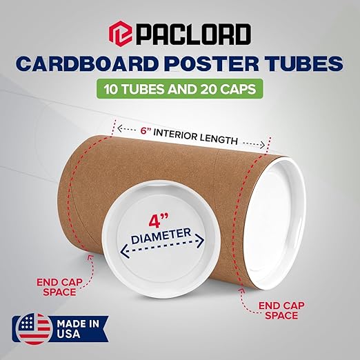 4" x 6" Reinforced Kraft Paper Mailing Tubes, Pack of 10 Tubes with 2 Caps Each – USPS Approved Poster Tube – Made in USA Cardboard Tube for Shipping and Storing Posters, Prints, Artwork, Documents
