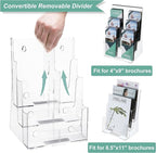 Argvey Acrylic Brochure Holder 8.5 x 11 inches, 3 Tier Clear Literature Holder with Removable Divider for Trifold 4 Inches Wide Pamphlet, Plastic Flyer Display Stand for Magazine, Document, Booklet