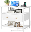 Edbuosy 27 Inch Wide Night Stand with Charging Station, Wood Nightstand with Open Shelf, Large Drawer Bedside Table for Living Room/Bedroom/Office (White)