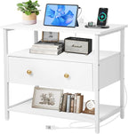 Edbuosy 27 Inch Wide Night Stand with Charging Station, Wood Nightstand with Open Shelf, Large Drawer Bedside Table for Living Room/Bedroom/Office (White)