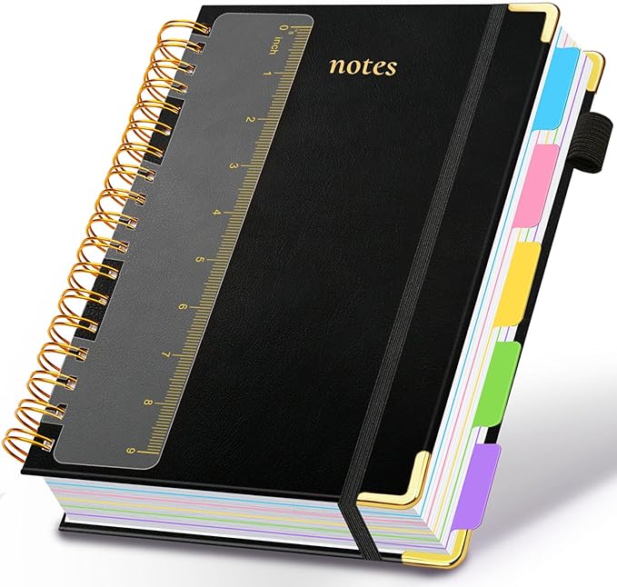 Hardcover Spiral Notebook 8"x10" Journal Notebook with Tabs and Removable Dividers 300 Pages 5 Subject Notebook College Ruled, Faux Leather Spiral Bound Notebook for Women School Work (Black)