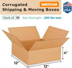 Medium Moving & Shipping Boxes 12x12x4 inches (10-Pack) - Extra Strength 200 lb vs Regular - Corrugated Packaging Box, Made in USA - Corrugated Shipping Box - Box for Shipping by IDL Packaging