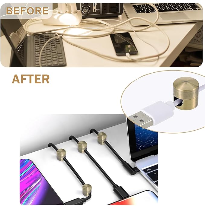 6 Sets Charger Cord Holder,Antique Copper Color Metal Adhesive Cable Management Clips,Adjustable Cable Anchor Holders,Wire Organizer for Desk, Wall, Home, Office