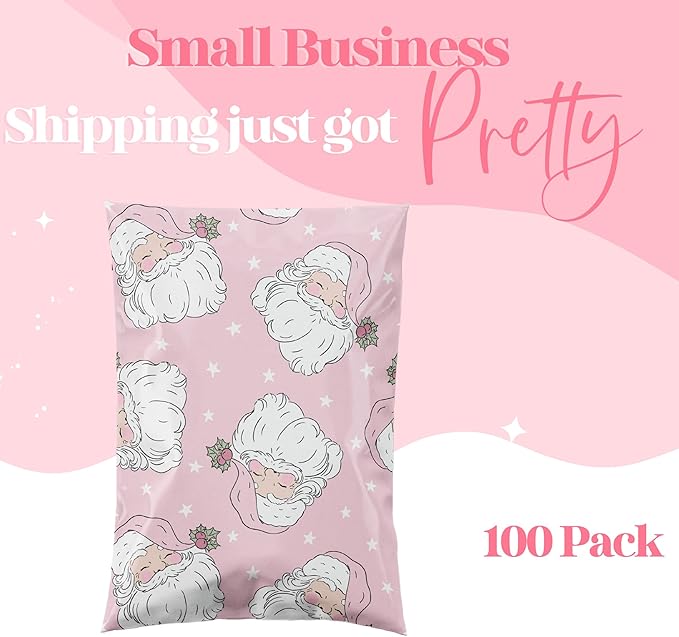 Pretty Package Store 6x9 Designer Christmas Holiday Poly Mailers 100 Pack Heavy Duty Waterproof Self Seal Shipping Bags Large Mailing Envelopes Bulk Tear Resistant Cute Packaging Pink Santa