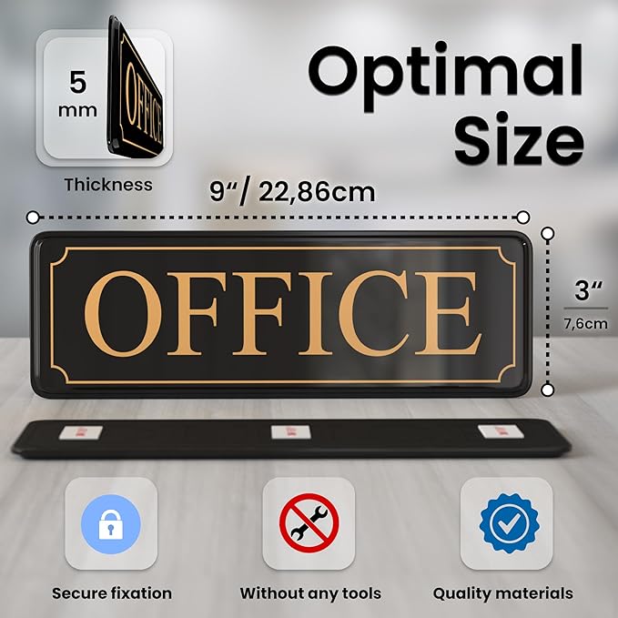 MolnijaPro - The Office Door Sign for Your Home and Business with Bigger Gold Letters - Bright Acrylic Self-Adhesive Sign 9×3 in with Double Sided 3M Tape - Quick and Easy Installation Without Any Tools