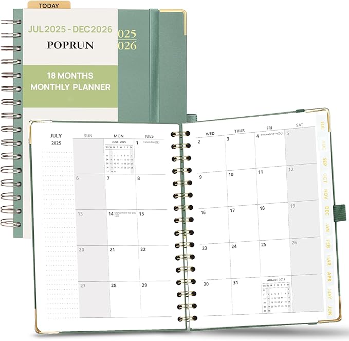 POPRUN Monthly Planner 2025-2026 Spiral Hardcover (6.25'' x 8.5''), 18 Months Calendar (Jul.2025 - Dec.2026) - 2 Pages per Month with Dotted Note Pages, Sunday Start, Laminated Tab - Midnight Green