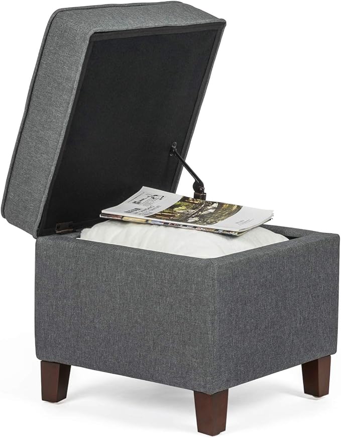 Asense 17 Inch Square Storage Ottoman,Small Foot Rest Stool for Couch, Linen Fabric Upholstered Footstool Cube for Entryway Bedroom Living Room, Dark Grey