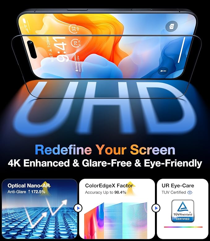 UltraGlass TOP 9H+ Glass for iPhone 16 Pro Max Screen Protector [Military Grade Shatterproof & Anti Glare] Screen Protector 16 Pro Max Tempered Glass Full Coverage, Longest Durable 16 ProMax, 1 Pack