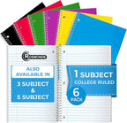 Rosmonde 1 Subject Notebook College Ruled, 6 Pack, 70 Sheets (140 Pages), 8 x 10-1/2", 3 Hole Punched Notebooks, Thick No-Bleed Paper, Sturdy Back, College Ruled Notebook for School, Assorted Colors