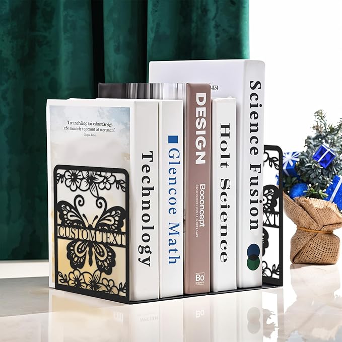 Personalized Butterfly Decorative Book Ends, Heavy Duty Bookends for Shelves, Non-Slip Book Stopper, Metal Modern Bookshelf Decor for Home Office Study Room, Gifts for Readers Color03