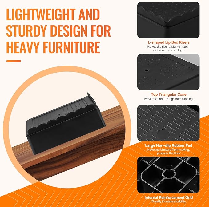 Furniture Risers, 8 Pack Bed Risers with Non-Slip Grip and Heavy Duty Support, 1 Inch 2 Inch 3 Inch 4 Inch Height Lift for Couch, Sofa, Table, Desk, Chair, Refrigerator - Black, 1 Inch