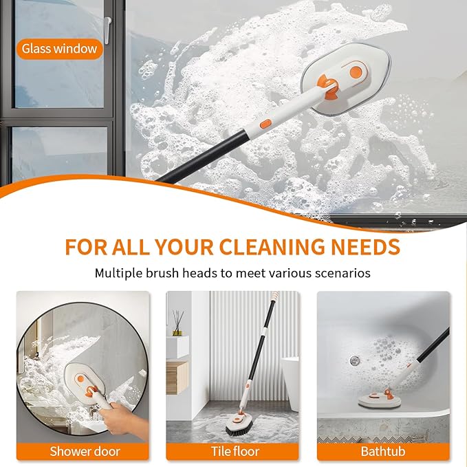 Calzzle Bathroom Scrub Brush with Long Handle, 3-in-1 Tub and Tile Cleaner with 5 Replaceable Heads for Shower, Floor & Wall Cleaning