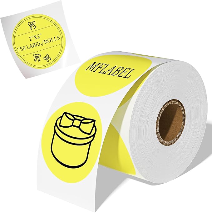 MFLABEL 2" 750 Yellow Circle Direct Thermal Stickers Labels Roll, Compatible with Zebra, Rollo, MUNBYN, Self-Adhesive Round Direct Thermal Labels