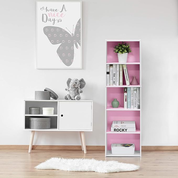 Furinno LUDER Book Shelf, 5-Cube Bookshelf, Bookcase with Open Shelf, 9.4 x 15.8 x 52, for Living Room, Bedroom, Home Office, White/Pink