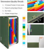 ENGPOW 13 Pocket Expanding File Folder,Fireproof Accordion File Folder Document Organizer with Zipper Closure,Document Folder Safe with Colorful Tabs,A4 Letter Size for Travel,Home,Office,Green
