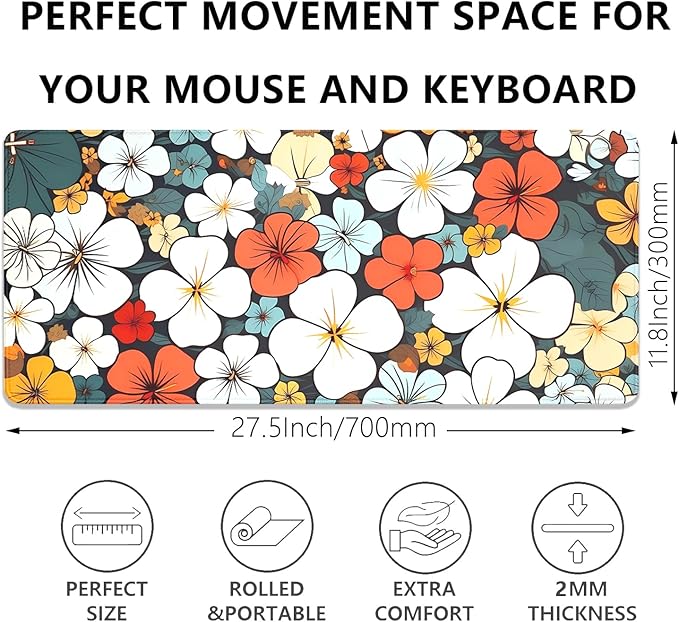 Boho Abstract Floral Mouse Pad Desk Mat,27.5X11.8 in Extended Gaming Mouse Pads with Stitched Edges,Non-Slip Waterproof Rubber Base Mouse Mat for Office,Computer,Keyboard,Laptop and Home Desk Mat