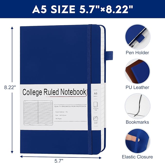 CronElysia A5 Lined Journal Notebooks for Work, 192 Pages, Medium 5.7 x 8.3inch, College Ruled, Vegan Leather Hardcover Journals for Women Men,1 Pack