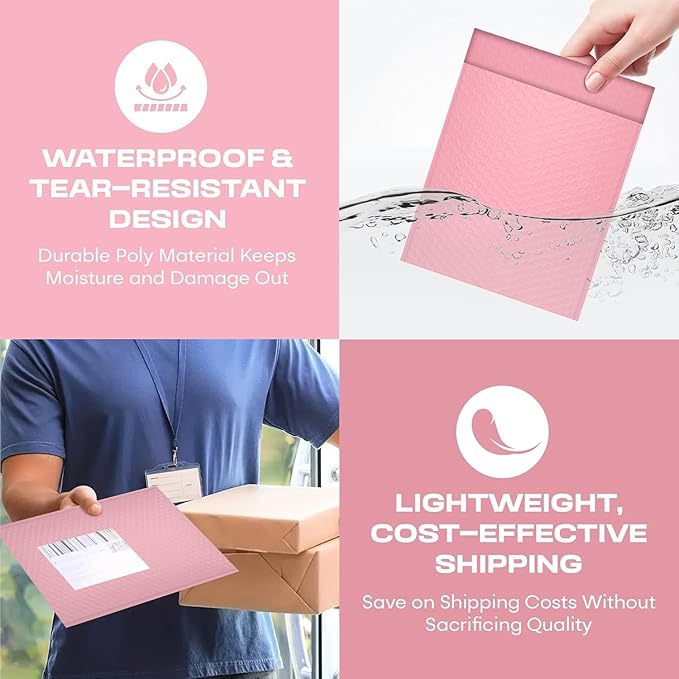 Light Pink Large Poly Bubble Mailers 12x15 inch | Self Seal Padded Envelopes Cushioned Bubble Mailer | Usable Size 12x15 | WaterProof | Lightweight mailing Shipping Bags | 50 Pack Bulk