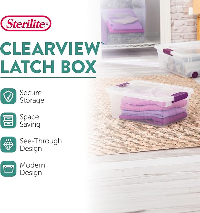 STERILITE 15 Qt ClearView Latch Storage Box, Stackable Bin with Latching Lid, Plastic Container to Organize Shoes in Closet, Clear Base, Lid (Pack of 12)