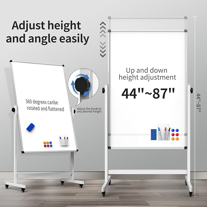Double-Sided Corkboard Whiteboard, 32 x 48 Inches Dry Erase Board on Wheels, Height Adjustable, Portable Freestanding Board for Office, Planning, and Presentations (Cork & White)