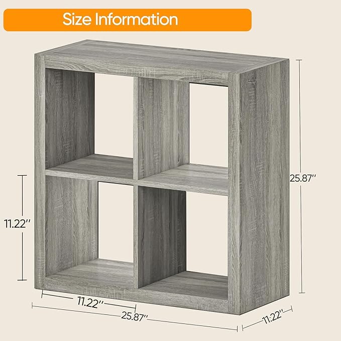 furtble Bookshelf with Storage Bin, 4-Cube Storage Organizer, Modern Wood Open Bookcase, Multifunctional Display Shelf for Living Room, Bedroom, Home Office, Gray Oak