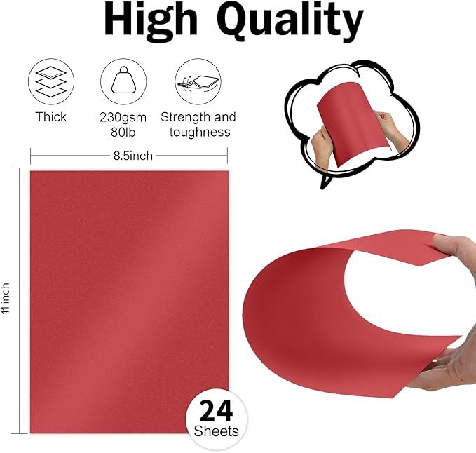 Red Shimmer Cardstock 8.5 x 11 Paper, Goefun 24 Sheets 80lb Red Card Stock Printer Paper for Christmas, Invitations, Certificates, Valentines Day, Card Making