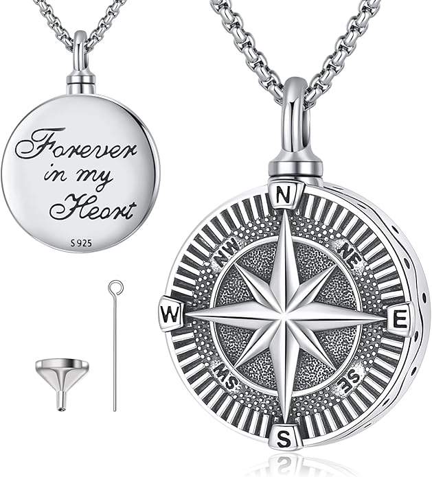 Compass Necklace for Women Men 925 Sterling Silver Pendant Urn Necklaces for Ashes Picture Locket Necklace Anchor Necklace Viking Necklace Crystals CZ Moonstone Abalone Shell Turquoise Compass Jewelry
