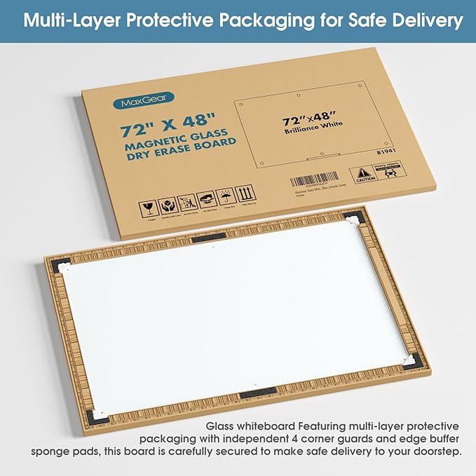 MaxGear Glass Whiteboard Tempered Magnetic Dry Erase Board 72 x 48 Inch Ultra White, Frameless Wall Mounted, Office Classroom Conference Room Home Use, Includes Markers, Eraser, Magnets & Mounting Kit