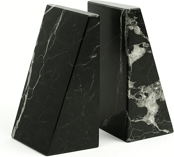 Bey-Berk Whitney Zebra Marble Bookends (Black, Set of 2), 4" x 2.5" x 6" Heavy Wedge Book Ends for Desk, Shelf, or Office