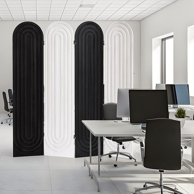 Asnefeli Room Divider 4 Pnale, Folding Privacy Screen, Foldable Wood Arched Room Divider Wall, Portable Partition Screen, Partition Divider for Room Separation for Home Office Bedroom, Black/White