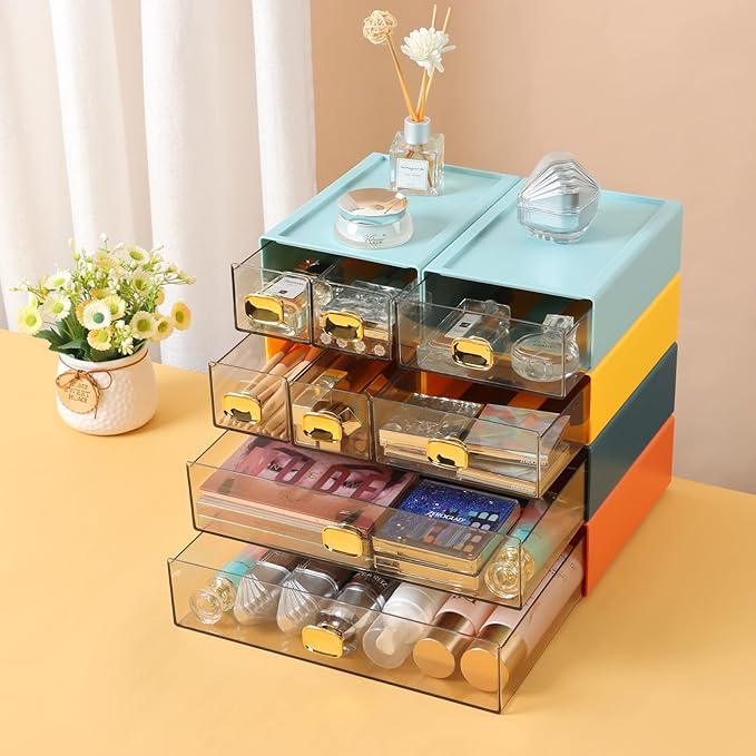OSteed Spacious Desktop Storage Box, 1 Large 1 Middle & 2 Small Storage Drawers, Stackable Office Desk Drawer Organizer and Accessories, Printer Paper Organizer, Cyan Plastic Drawers for Workspace