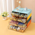Spacious Desk Drawers, Stackable Desktop Organizer, Plastic Storage Box for Office, School & Home Supplies (4 Small Drawers, BU & CYAN)