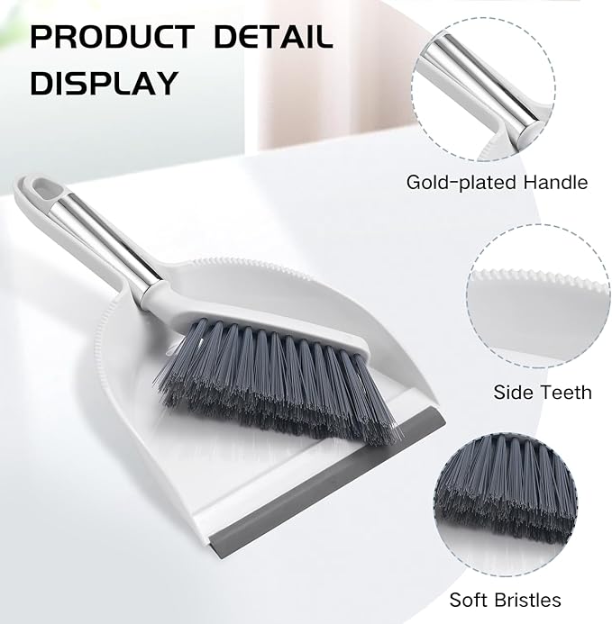 NACENA Mini Broom and Dustpan Set, Small Dust Pan and Brush Set with Handle Dustpan Teeth for Cleaning Hair Suitable for Office Desks Drawers Sofas Outdoor Camping, White & Gray