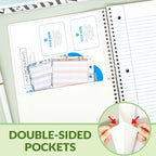 SUNEE Spiral Notebook, 1-Subject, College Ruled Paper, 8" x 10-1/2", 100 Sheets per Notebook, 3-Hole Punched Paper, Water Resistant Cover, Double-sided Pockets, Spiral Lined Notebooks for Work, Green