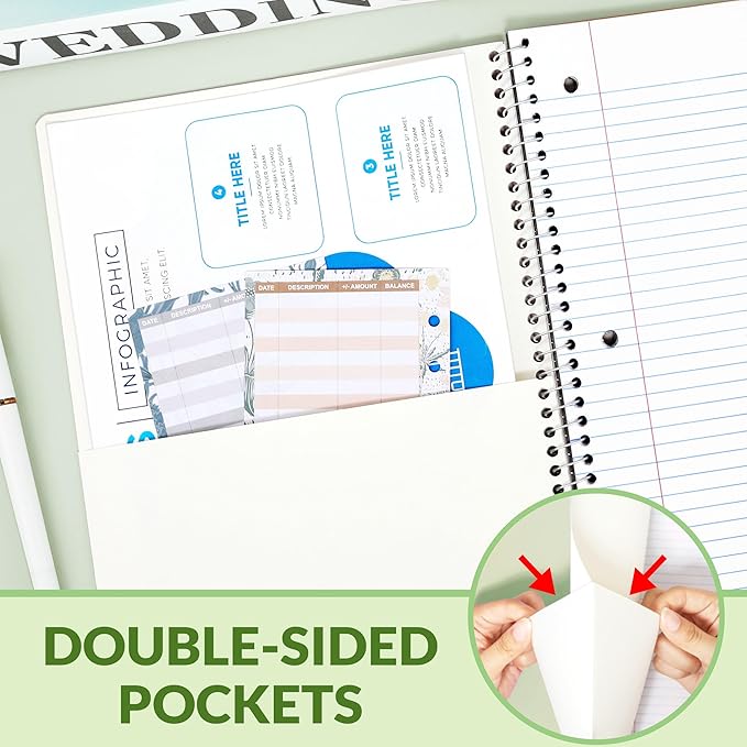 SUNEE Spiral Notebook, 1-Subject, College Ruled Paper, 8" x 10-1/2", 100 Sheets per Notebook, 3-Hole Punched Paper, Water Resistant Cover, Double-sided Pockets, Spiral Lined Notebooks for Work, Green