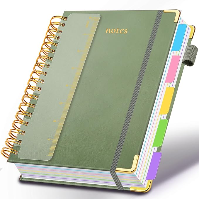 Hardcover Spiral Notebook 5.7"x 8.2" Journal Notebook with Tabs and Removable Dividers 300 Pages 5 Subject Notebook College Ruled, Faux Leather Spiral Bound Notebook for Women School Work (Sage Green)