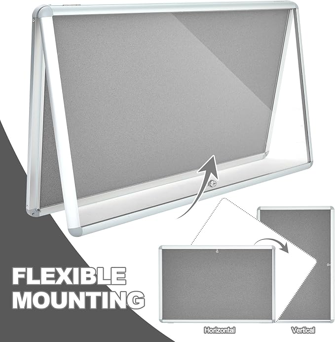 Geetery 36 x 24 Inch Enclosed Bulletin Board with Locking Door Fabric Cork Outdoor Bulletin Board Lockable Display Case, Tamperproof Aluminium Frame Noticeboard Wall-Mounted for School, Office (Gray)