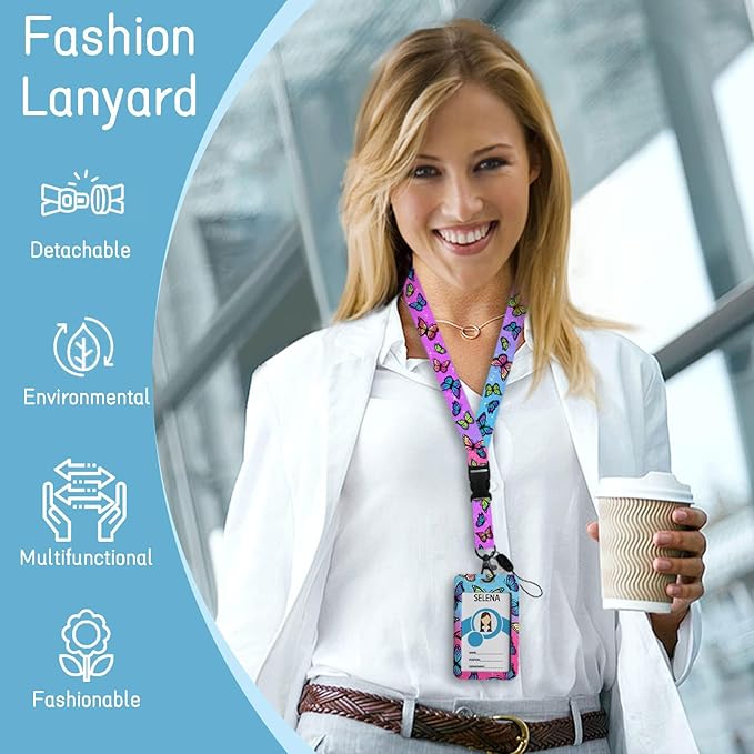 Lanyards for ID Badges Name Tags ID Card Holder, ID Badge Holder with Breakaway Lanyard, Cute Badge Reel Badge Clip Retractable, Women Teacher Nurse Student School Office Gift, Butterfly Design
