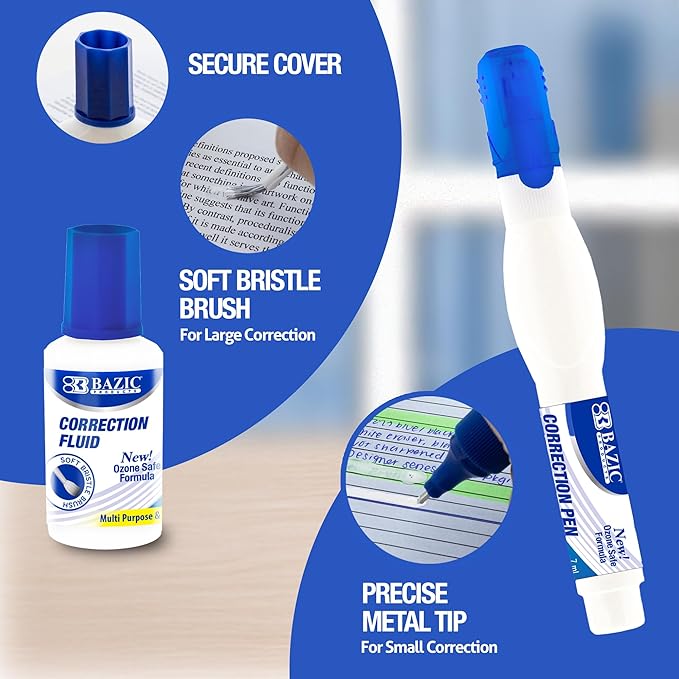 BAZIC Products Correction Fluid, Soft Bristle Brush & Precise Metal Tip Applicator, Fine Point Corrections Pen White Out Wipe Out Liquid (2/Pack), 2-Packs