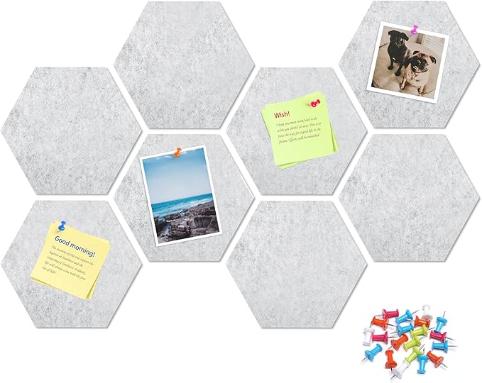 Uoisaiko 12" Large Bulletin Board with 30 Push Pins, Pack of 8 Hexagon Felt Pin Board Notice Boards for Home Office Kitchen, Felt Wall Tiles for Photos Memos