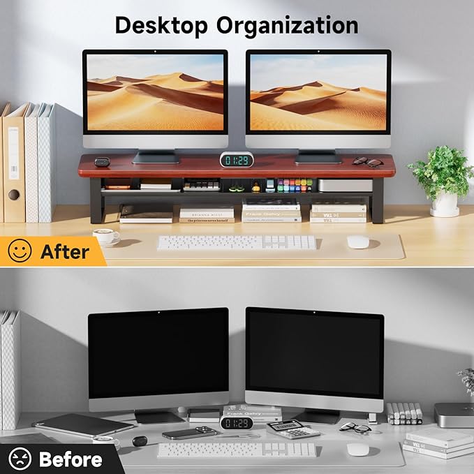 NestNeat Dual Monitor Stand, 35.4 Inch Monitor Stand Riser for 2 Monitors, 2 Tiers Wood Desk Shelf with Storage, Desktop Organizer Stand for Computer, Laptop, Printer, TV (Reddish Brown, 35.4in)