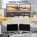 NestNeat Dual Monitor Stand, 35.4 Inch Monitor Stand Riser for 2 Monitors, 2 Tiers Wood Desk Shelf with Storage, Desktop Organizer Stand for Computer, Laptop, Printer, TV (Reddish Brown, 35.4in)