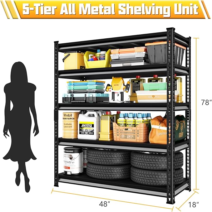 SDXYSTCE 48" W Garage Storage Shelves Heavy Duty, 2800LBS Loads Adjustable Garage Shelving, 5-Tier Metal Shelving Units and Storage Racks, Industrial Utility Shelf,48" Wx18 Dx78 H, Black
