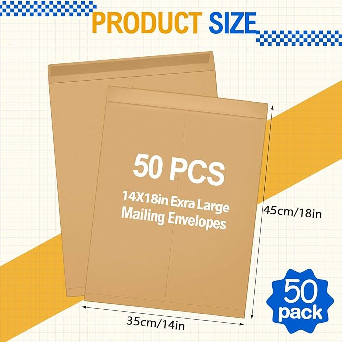 Motipuns 50 Pcs 14'' x 18'' Extra Large Mailing Envelopes 32lb with Gummed Flaps, Catalog Jumbo Craft Envelopes for Mailing, Storage and Organizing Documents Office Supplies(Kraft)