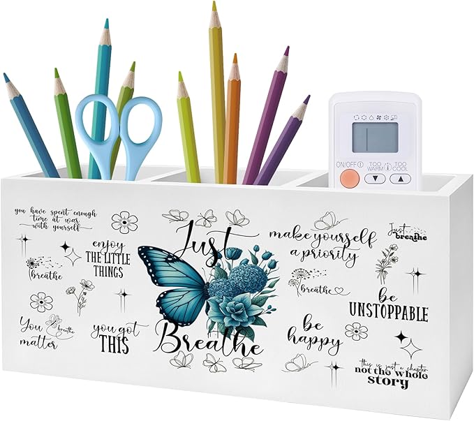 Exqcom Just Breathe Inspirational Pen Pencil Holder, Therapy Office Decor, Teal Butterfly Flower Mental Health Pencil Pen Holder Organizer for Home Counseling Office Desk Accessories
